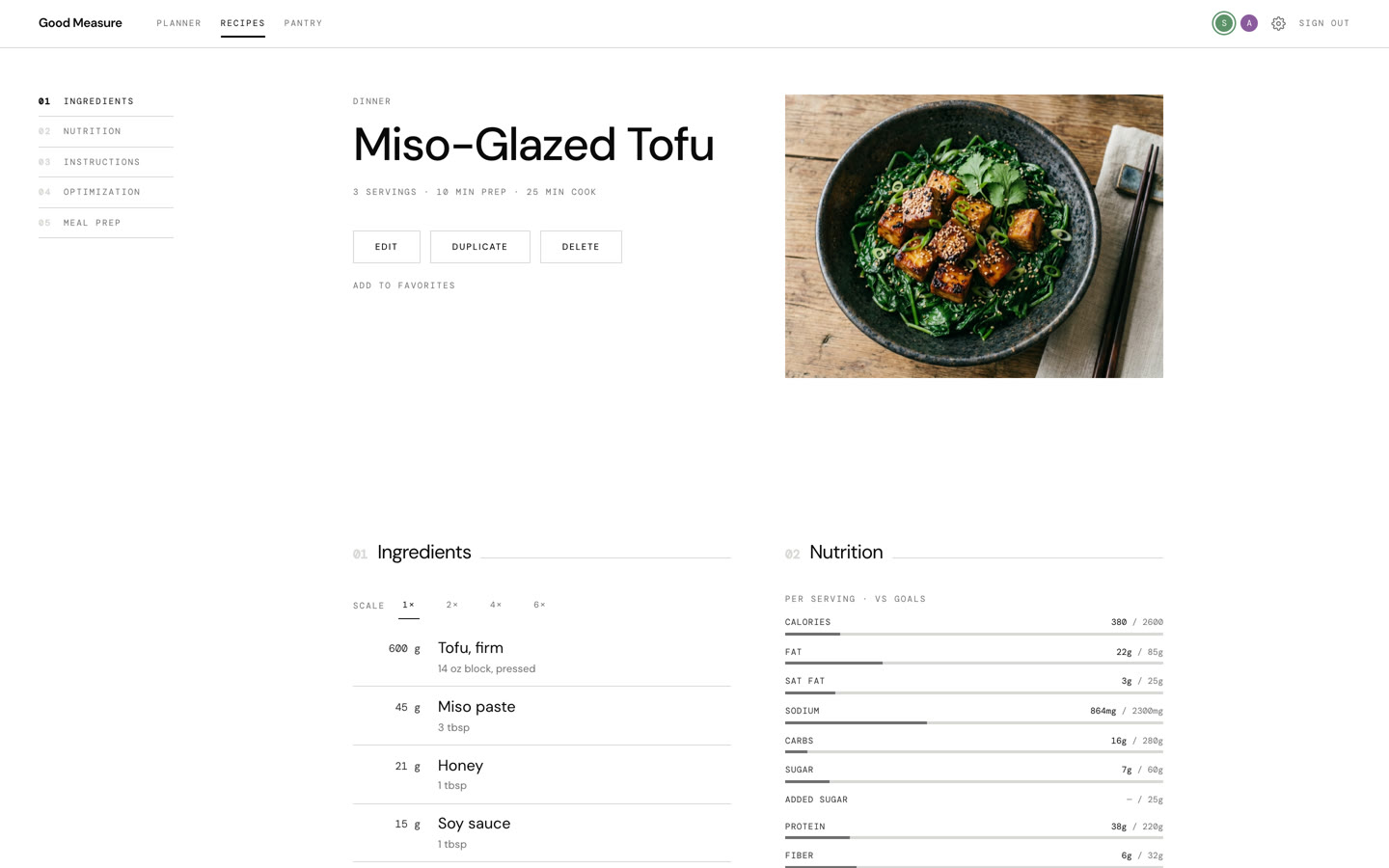 The saved version of the recipe, with its new totals