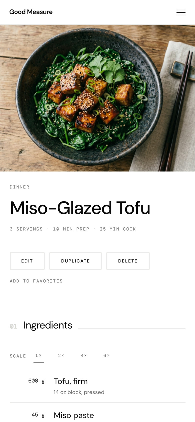 The saved version of the recipe, with its new totals